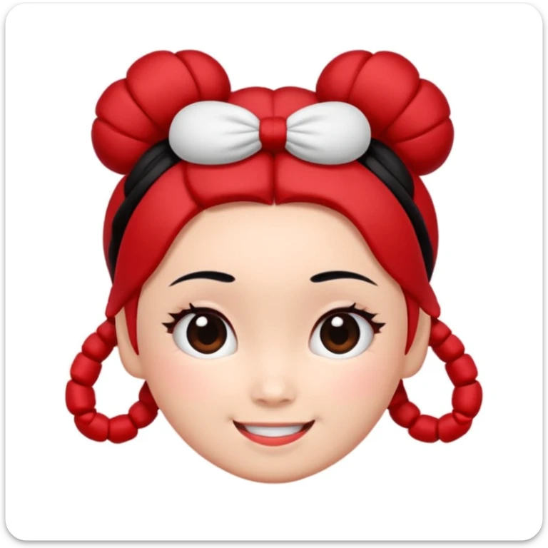 Pucca's cartoon face as an apple-style emoji, minimal details, black hair buns, red hair ties, smiling, no body, no text sticker