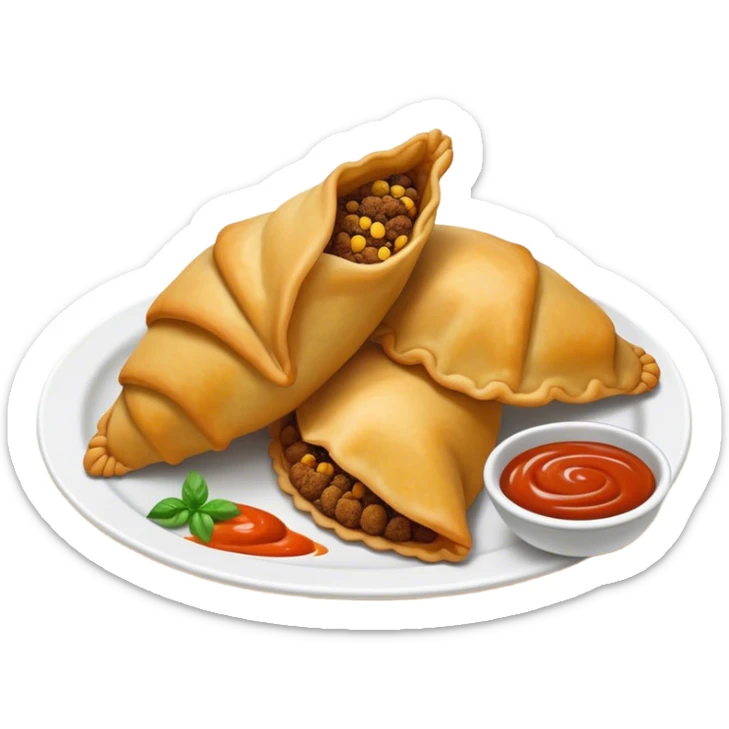 Cinematic Realistic Colombian Cornmeal Empanadas Emoji, showcasing the golden, crispy shell filled with savory meats and spices, served with a side of aji dipping sauce, rendered with vibrant textures and warm, inviting lighting. sticker