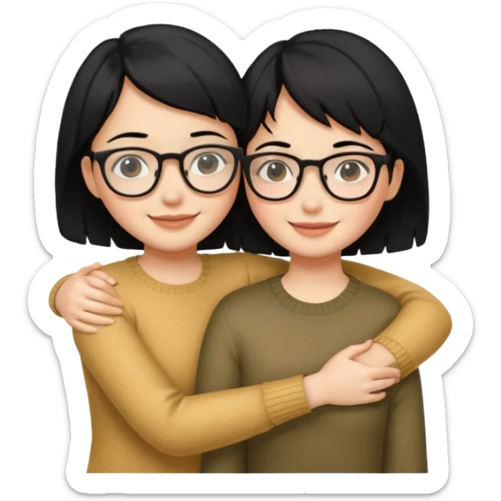 a gif of two wheat skinned girls with black hair, one with glasses hugging each other. the one with glasses is on the left and her right arm is around the one on the right. the right girl has short hair sticker