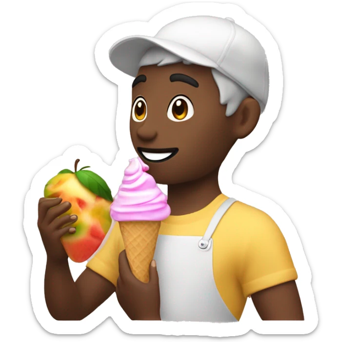 persona sosteniendo en una mano una fruta y en la otra un helado sticker