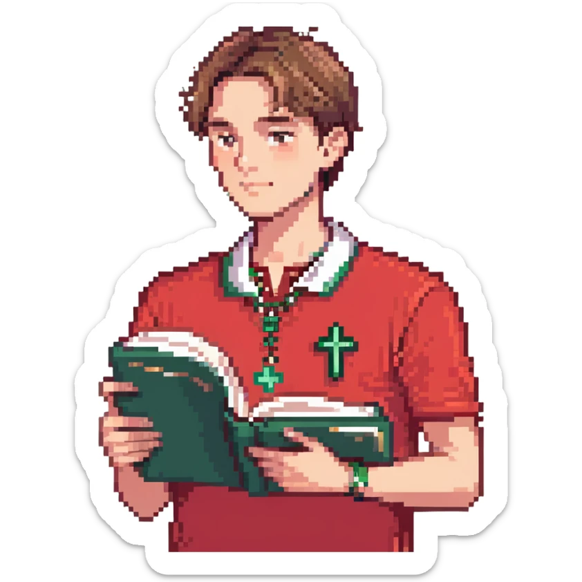 man with clean haircut, wearing a red polo shirt and cross necklace, holding a book sticker