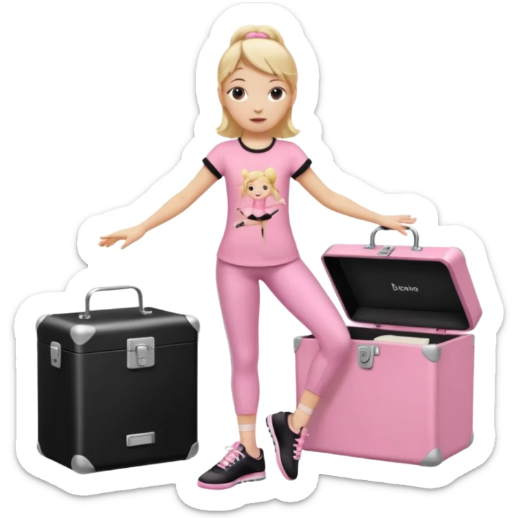 Hiphop dancer, with cute big pants, sneakers, and t-shirt. White girl blond. Coloufull shirt. No pocket pants. Dancing. Pink and black plain outfit. No sweatbands on the wrist, black music box behind her. Ballerina pose. The third on is amazing. With nothing on the shirt sticker