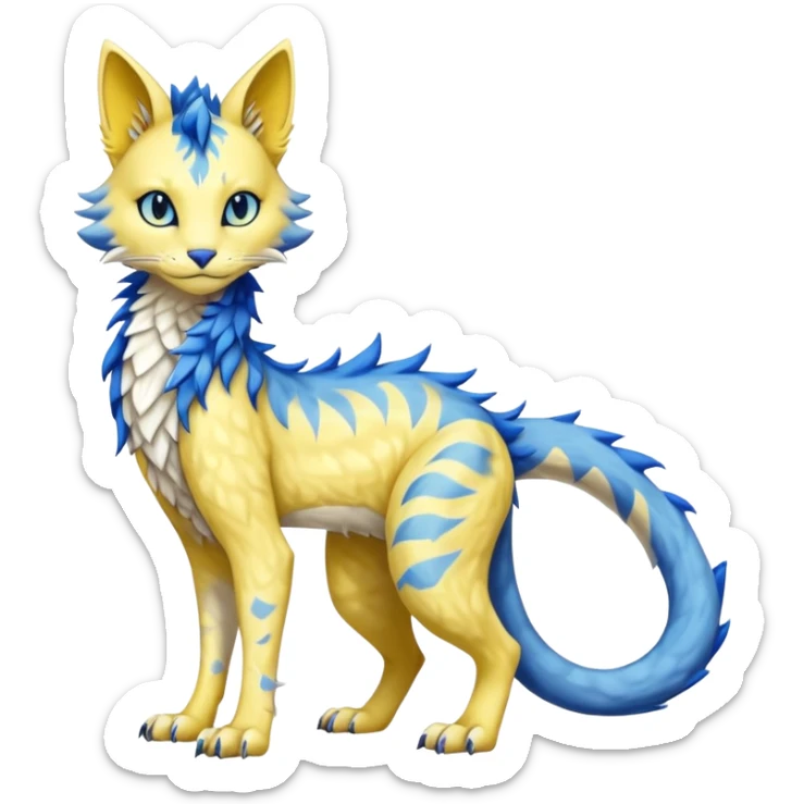 Kawaii yellow and blue beautiful pretty elegant divine edgy fantasy feline-vernid-sergal-fursona animal creature with a tufted tail full body with intricate markings  sticker