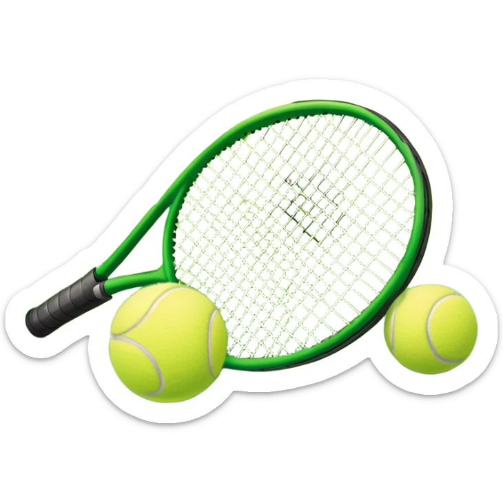 A tennis racket and ball positioned on a grass court, with the net and lines clearly visible in the background. The scene emphasizes the classic elements of the sport, capturing the energy and precision of a tennis match. sticker