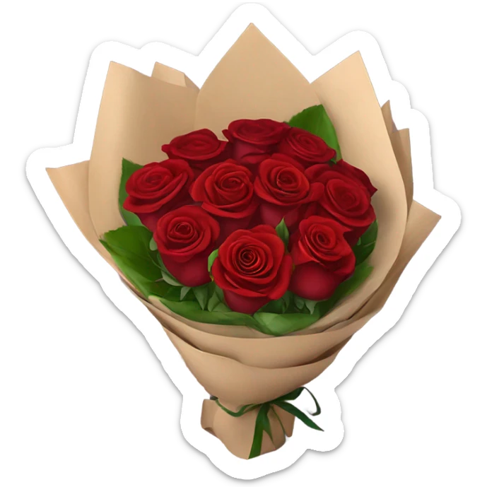 Bouquet of red roses in a burgundy package sticker