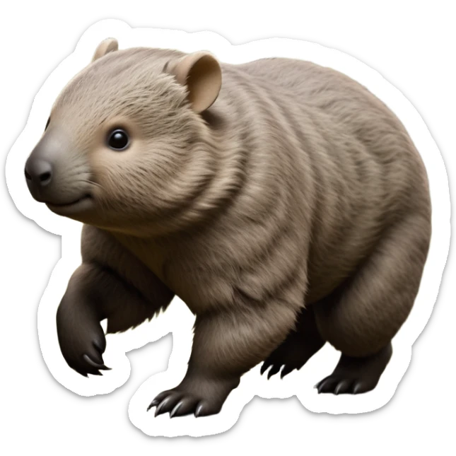 cinematic-stout wombat-realistic-fluffy full-body-waddling-emoji,-stout-muscular-frame-covered-in-coarse-brown-fur,-short-powerful-legs-trotting-determinedly-through-bushland,-round-dark-eyes-filled-with-calm-confidence,-tiny-rounded-ears-twitching-slightly,-strong-digging-claws-visible-on-sturdy-paws,-simplified-yet-realistic-focused-features,-highly-detailed,-glowing-with-a-subtle-earthy-glow sticker
