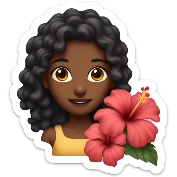 Girl with brown skin with black curly hair holding hibiscus flowers sticker