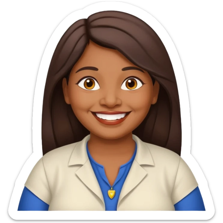 50 yr old chubby Sri Lankan woman, dark skin, straight brown hair, big smile, white teeth, european clothes, hair sticker