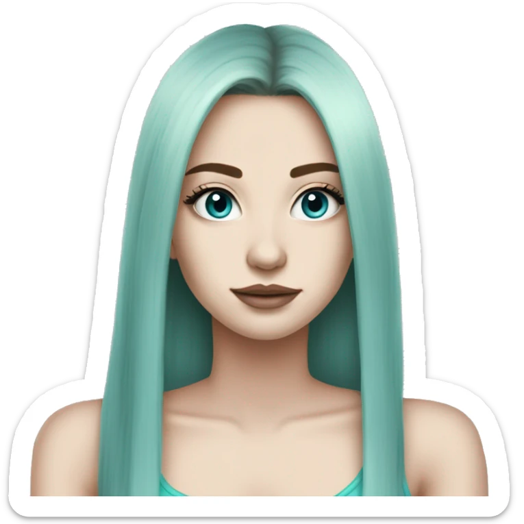 Cute girl, pale skin, big lips, straight hair, long hair, lack hair, big lashes, cyan tank top, long hair emoji sticker