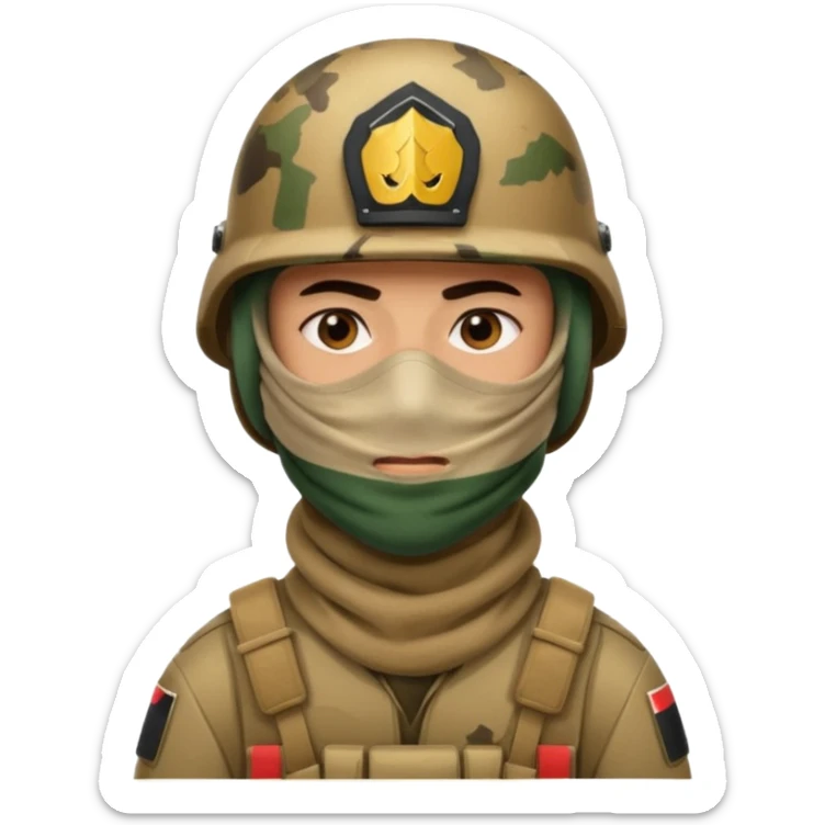 
an Iraqi soldier with a serious face, wearing a helmet and a balaclava covering his mouth sticker