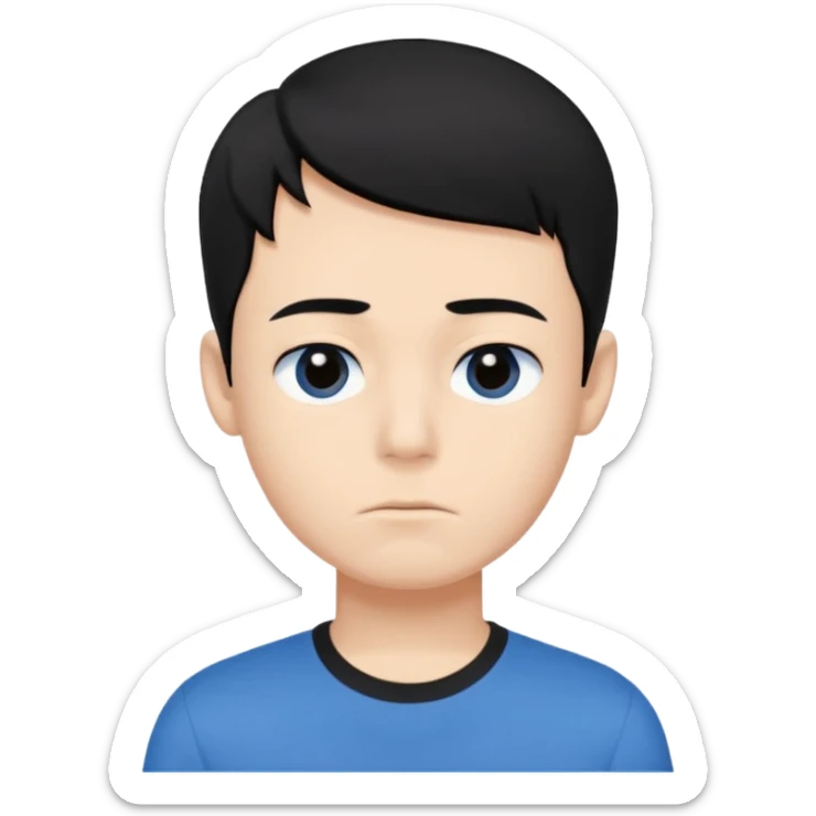 Cute apple emoji-style boy portrait, black hair, blue t-shirt, big black eyes, closed mouth,clean bold lines, flat colors, minimal shading sticker