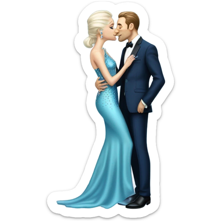 reptilian alien woman, in long slim pastel blue formal party satin dress with gradient shiny sparkling navy blue diamonds embroidered , and caucasian man in black dress kissing sticker
