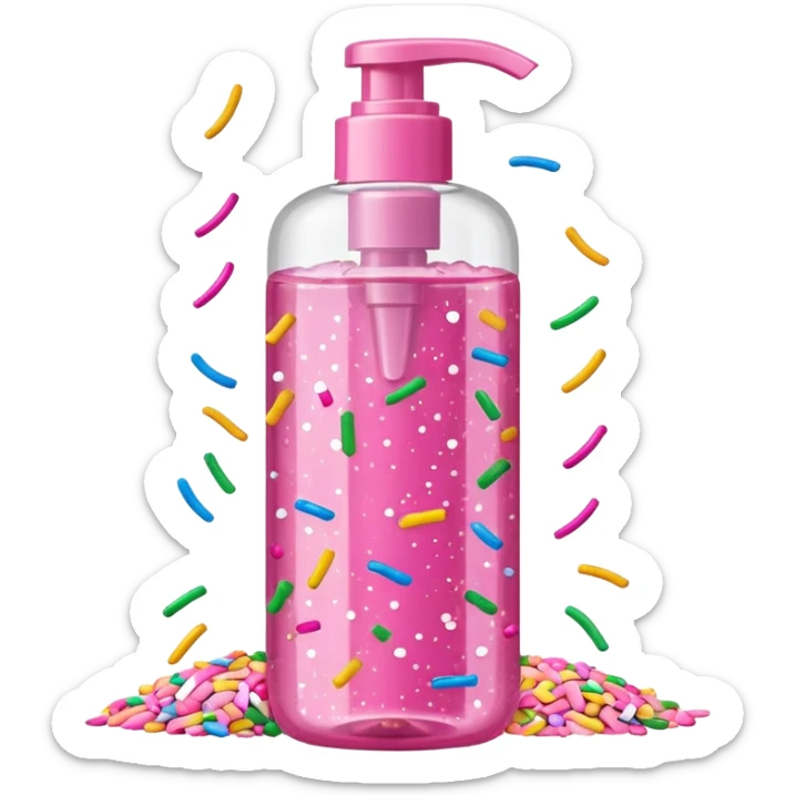 Pink shower gel light pink bottle with sprinkles and confeti on the bottle with a flip cap sticker