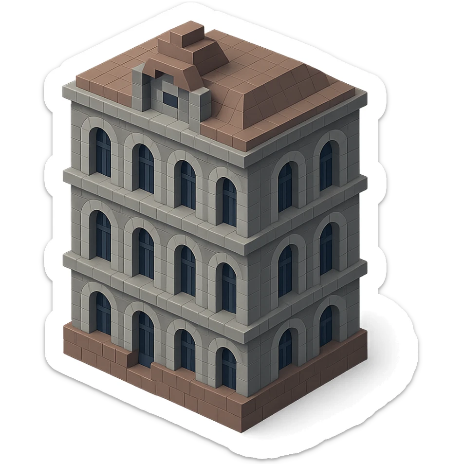 old Saint Petersburg building in voxel style, muted gray and brown colors, tall arched windows, isometric view sticker
