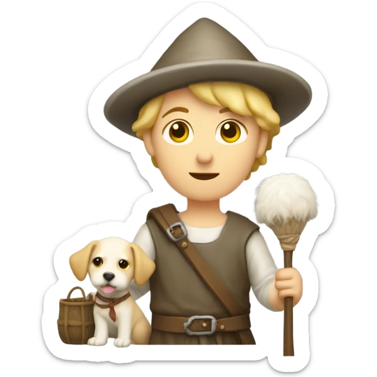young medieval pilgrim with bag, staff, hat and blond hair and white little dog sticker