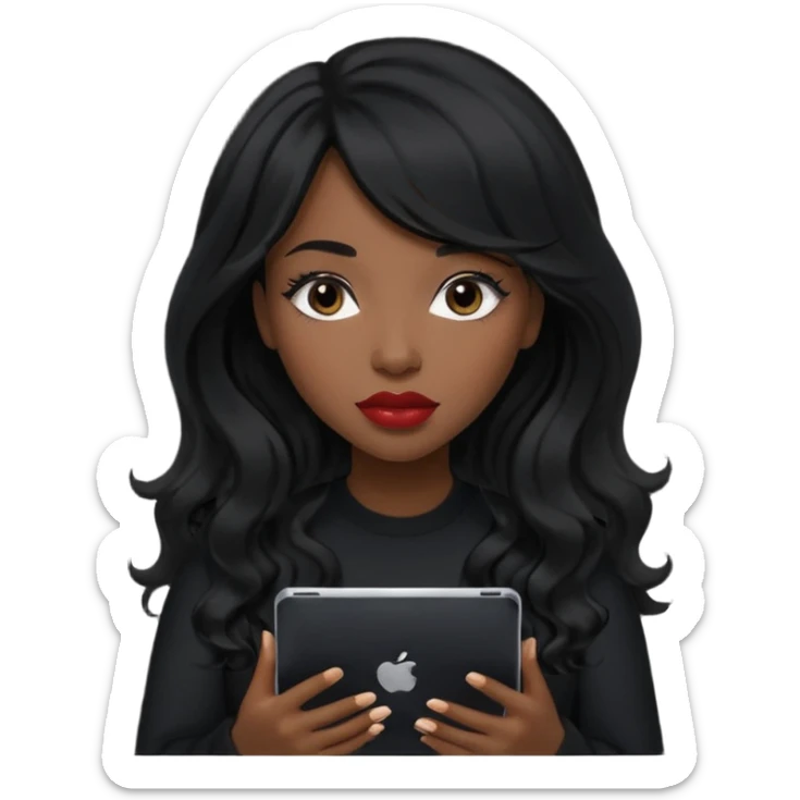 A young woman with long black hair, a wavy frange falling on half of her head.  She's black, medium to dark skinned with thick lips. She's holding an iPad, but she's wearing black casual clothes. she has long eyelashes. sticker