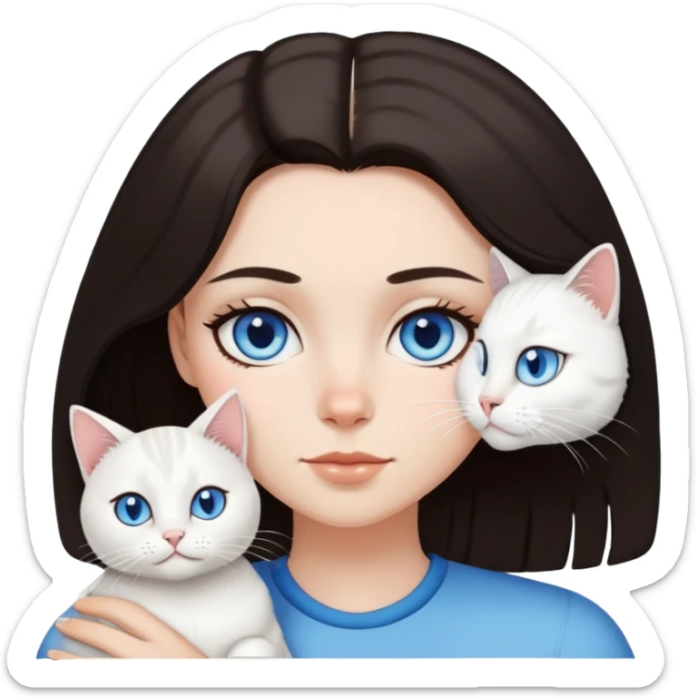 A white girl has black eyes, dark brown mid-length hair, and she has a pet, a white cat with blue eyes sticker