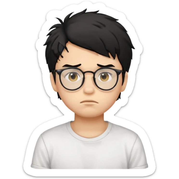 
young boy, 18 years old, messy black hair, glasses, sad face emoji sticker