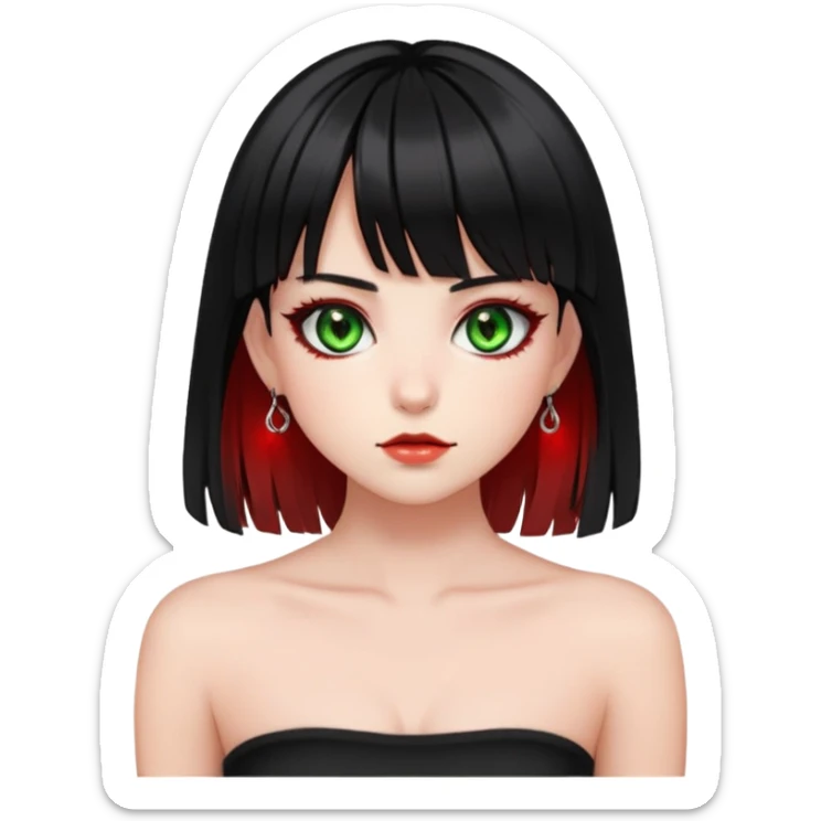 Girl. Green hazel eyes. Black hair with red e-girl bang highlights and red perk-a-boo underlights. Medium long hair. black strapless crop top. Skinny face. sticker