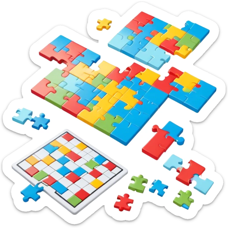 A photorealistic icon with a colorful, fragmented puzzle piece, a crossword magazine, a 3D puzzle, and a partially completed puzzle on a table. Bright, detailed design with realistic lighting. Transparent background, clearly symbolizing puzzles and brain games. sticker