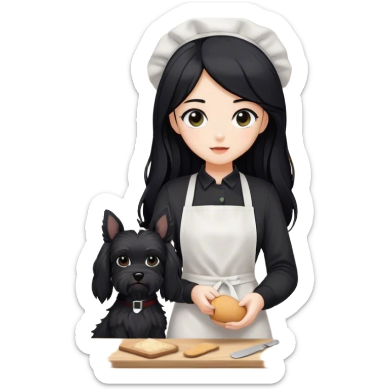 pale girl with long black hair wearing black long sleeve tshirt wearing apron and baking holding black floppy ear schnauzer no tail sticker