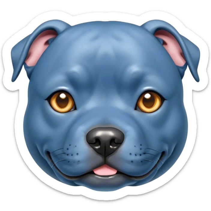 Cinematic Cute Blue Staffordshire Bull Terrier Portrait Emoji, Head tilted playfully and inquisitively, featuring a glossy blue Fur with a healthy sheen, round, sparkling dark eyes filled with curiosity, Simplified yet irresistibly adorable features, highly detailed, glowing with a warm, friendly glow, high shine, affectionate and spirited, stylized with a touch of whimsy, bright and endearing, soft glowing outline, capturing the essence of a mischievous yet loving pup, so playful it feels like it could bound out of the screen and into your arms! sticker