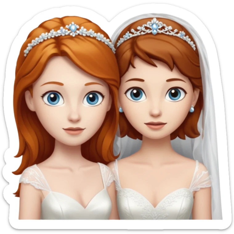 A ginger woman with blue eyes, marrying a taller woman with dark brown hair and hazel eyes, both in wedding dresses. sticker