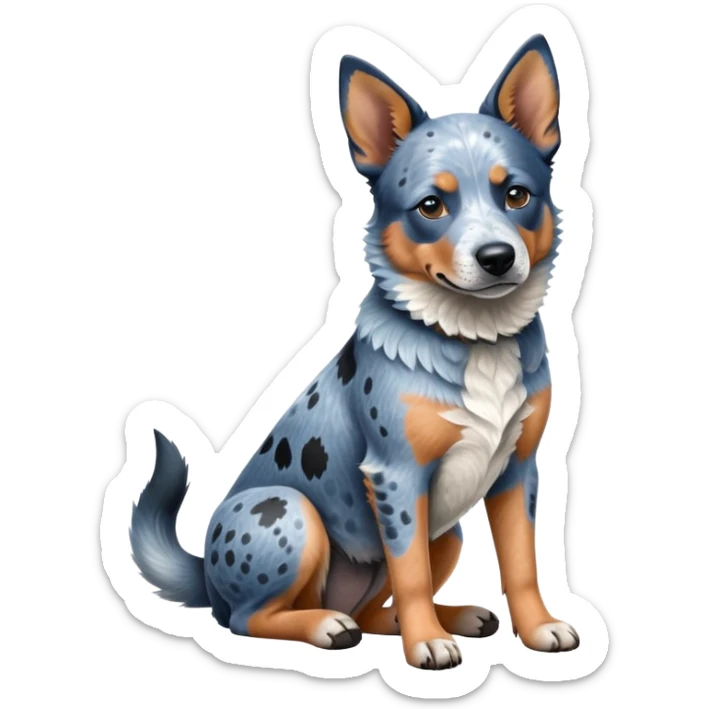 cinematic-[australian catle dog]-realistic-full-body-sitting-emoji,-tail-resting-loosely-beside-its-paws,-head-tilted-dramatically,-sleek-[vibrant-blue-speckle-fur]-fur,-simplified-yet-realistic-focused-features,-highly-detailed,-glowing-with-an-almost-sarcastic-glow sticker