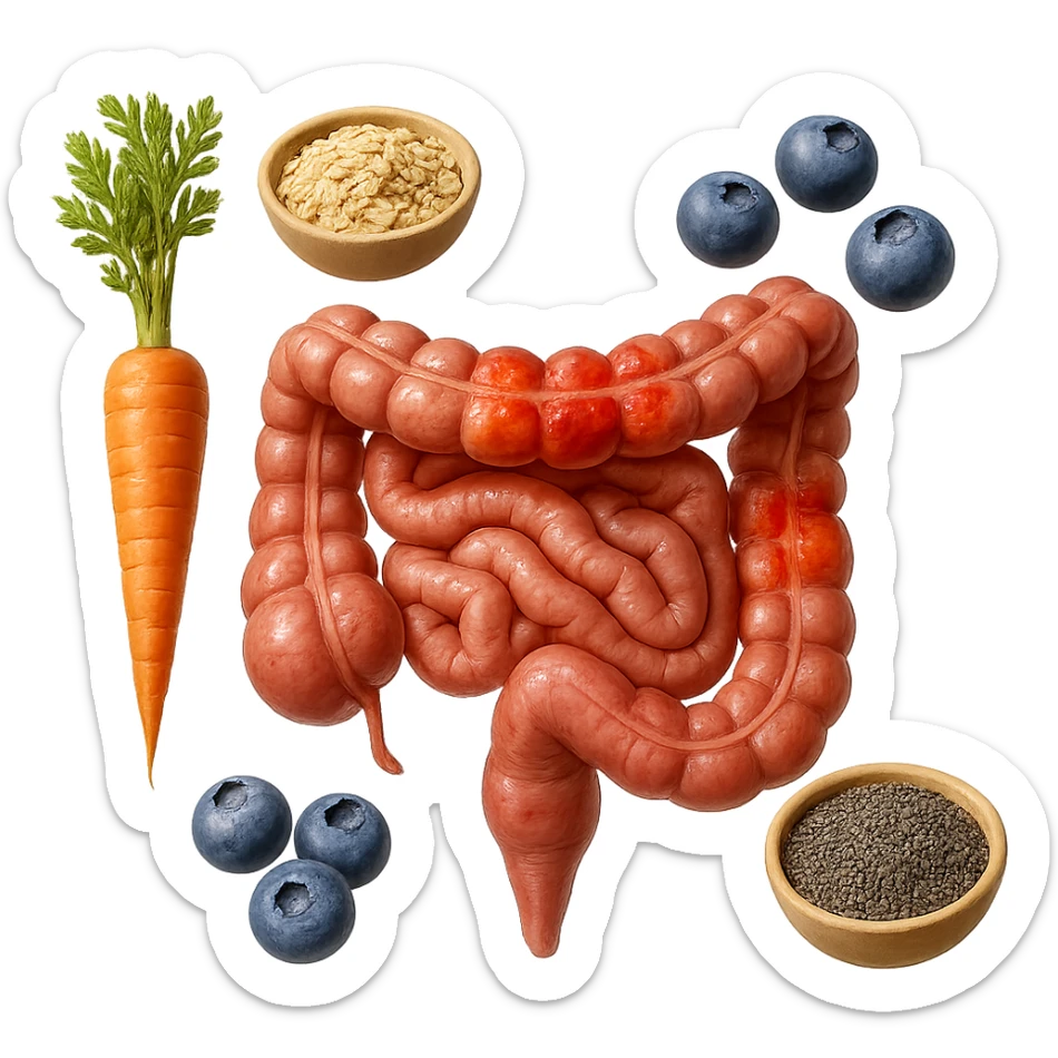 intestino umano anatomico infiammato al centro con carota, bowl di avena, mirtilli, bowl di semi di chia che gli fluttuano intorno , iperrealistico 4k sticker