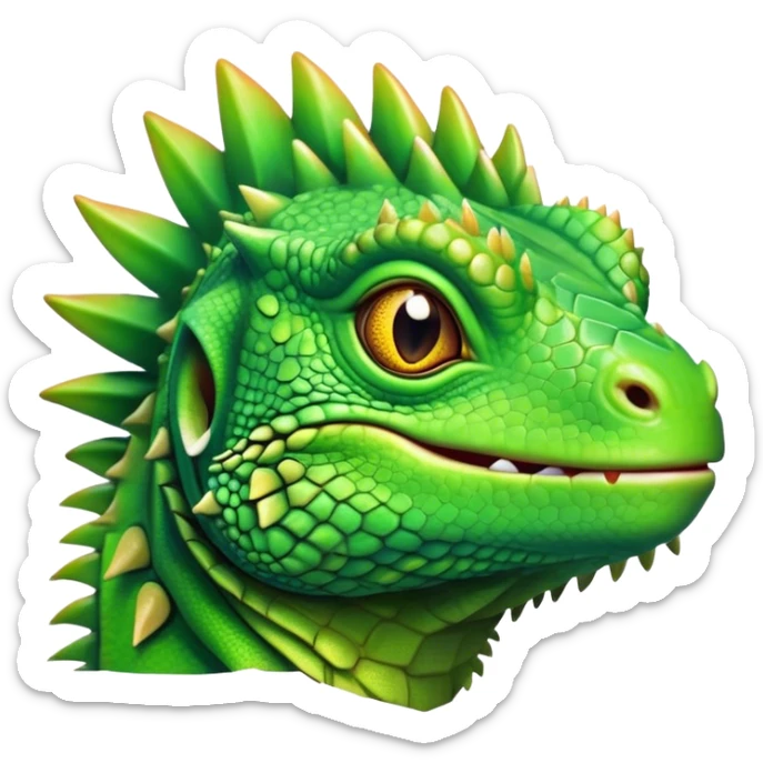 Cinematic Cute Iguana Portrait Emoji, Head tilted playfully and inquisitively, featuring a delightfully vibrant, textured body with a subtle spiky crest and large, sparkling eyes full of gentle wonder, Simplified yet irresistibly adorable features, highly detailed, glowing with a warm, inviting jungle glow, high shine, affectionate and lively, stylized with a touch of whimsical reptilian charm, soft glowing outline, capturing the essence of a mischievous yet loving iguana that seems as if it could scurry out of the screen into your arms! sticker
