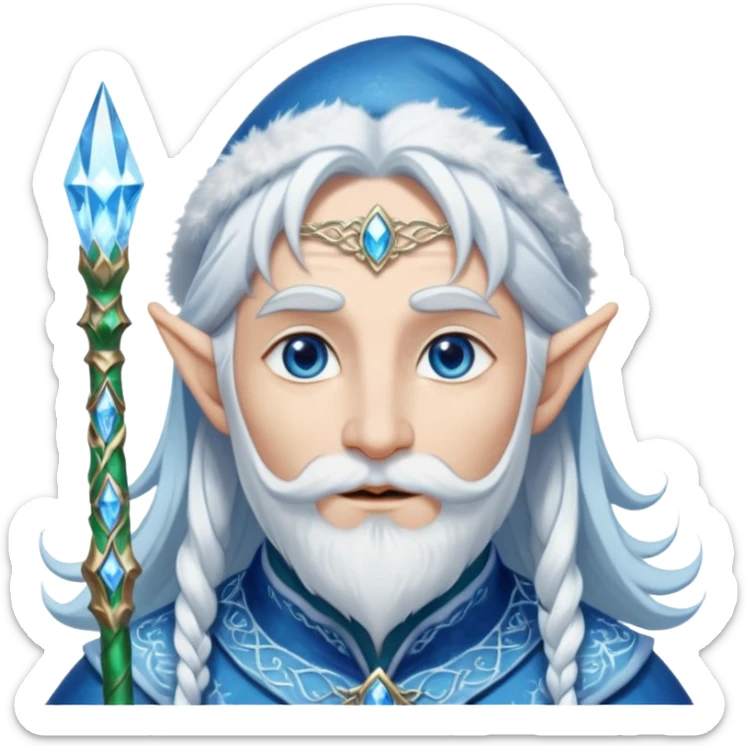 Legendary fantasy Christmas elf portrait icon, Santa Claus and Snow Maiden inspired, ancient winter spirit style, long flowing white-blue hair, glowing frost eyes, crystal staff, elegant elven features, divine winter magic aura, icy silver color palette, highly detailed but clean emoji icon male sticker
