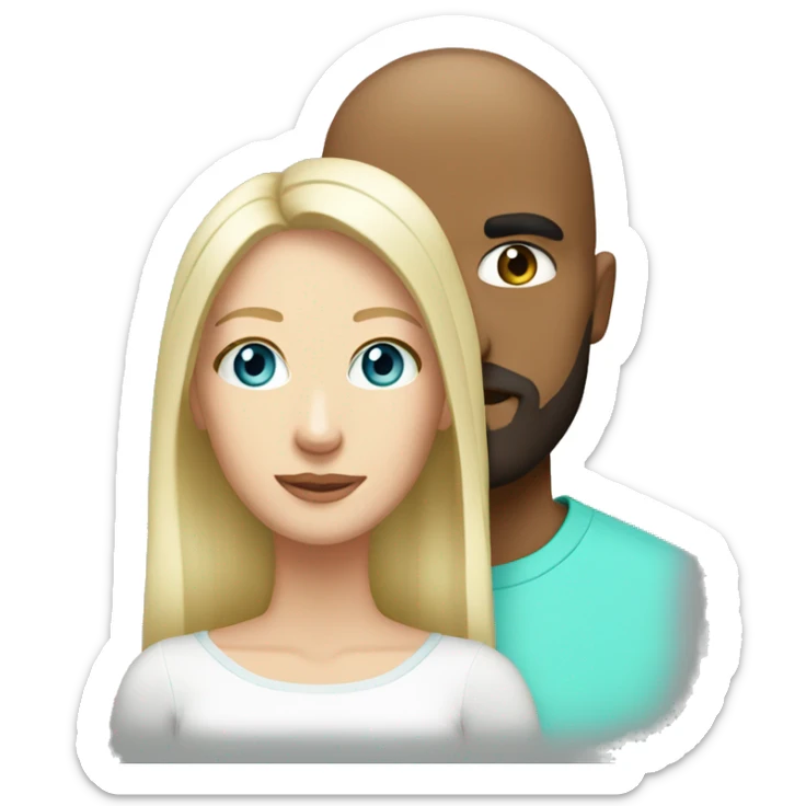 White couple. Male bald with beard. Aqua eyes. Woman long blonde brown highlight hair. 35. Aqua eyes.  sticker
