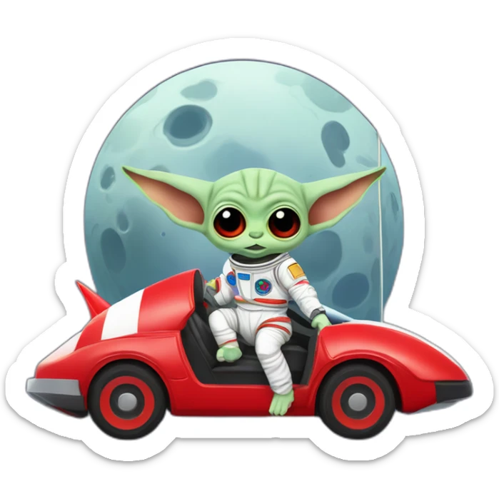 zombie michael jackson in thriller as baby yoda unicorn driving a red ferrary in an astronaut suit with peace flag on the moon sticker