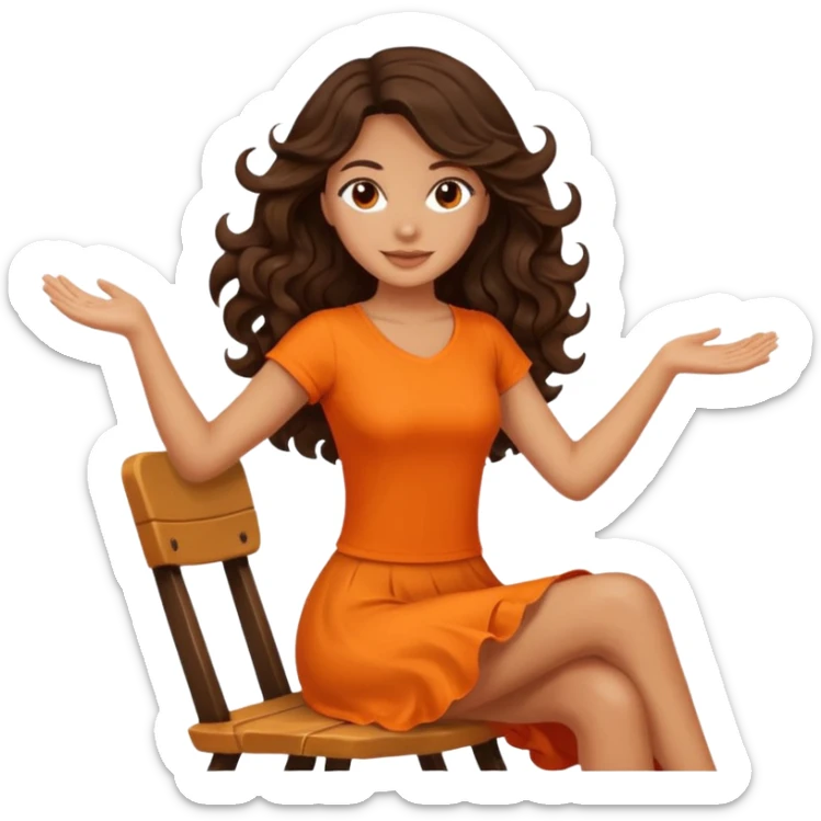 Twirling around a chair Long dark wavy hair women in orange top  sticker
