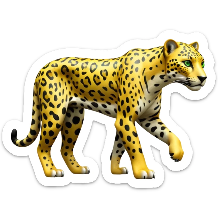 cinematic-jaguar-realistic-full-body-standing on all fours-emoji,-sleek-powerful-frame-poised-for-action,-yellow-fur-adorned-with-bold-black-rosettes,-head-tilted-dramatically,-piercing-green-eyes-locked-onto-its-prey,-simplified-yet-realistic-focused-features,-highly-detailed,-glowing-with-an-almost-sarcastic-glow sticker