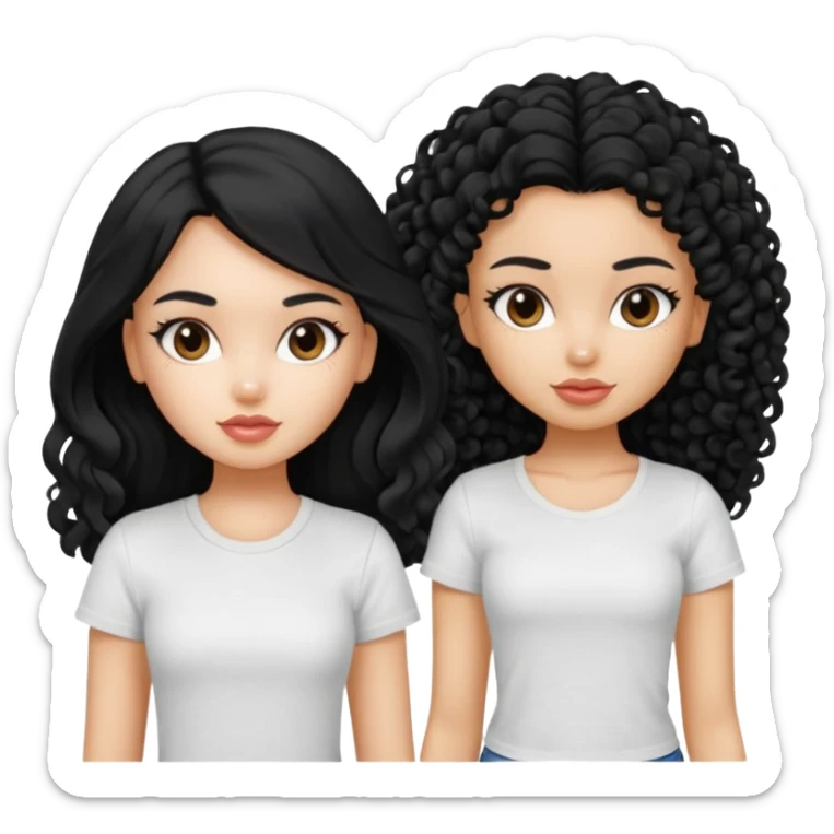 2 pretty bratz fair girls. One has straight black hair and is tan, wearing a white tshirt. One is fair with curly black hair, wearing a black tshirt  sticker