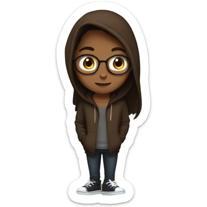 a girl with white skin, with long straight brown hair, in a brown hoodie, with a nose ring, a guy with glasses, with brown hair, with stubble, in a black hoodie, lovers sticker