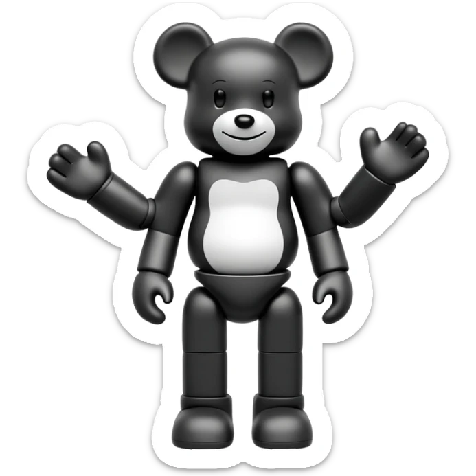 Bearbrick figure with KAWS style but with a happy smile instead of X eyes, simplified toy bear shape with articulated limbs sticker