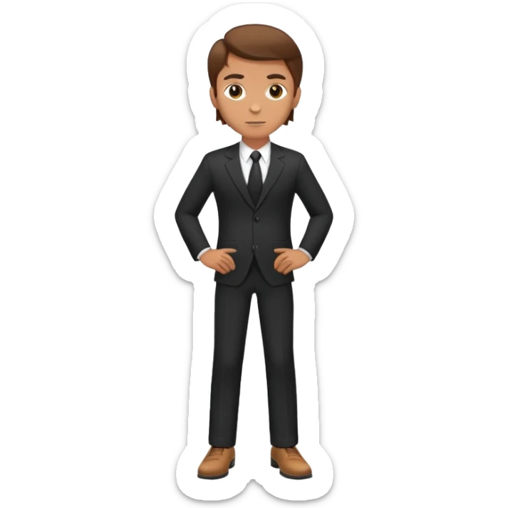Caucasian male, brown hair, standing wearing dark suit and shoes, with hands on hips sticker