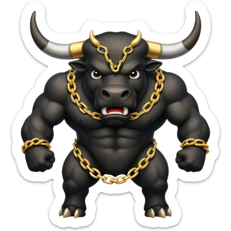 The emoji is an angry black powerful bull with steam coming out of its nose and a gold chain hanging from its neck with the inscription - bull run sticker