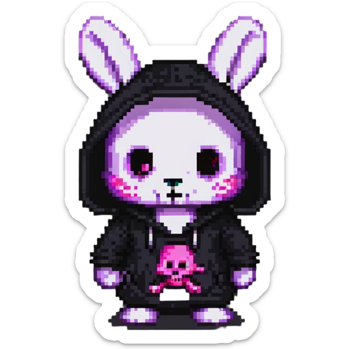 Kuromi character, purple bunny with a black hood and pink skull sticker