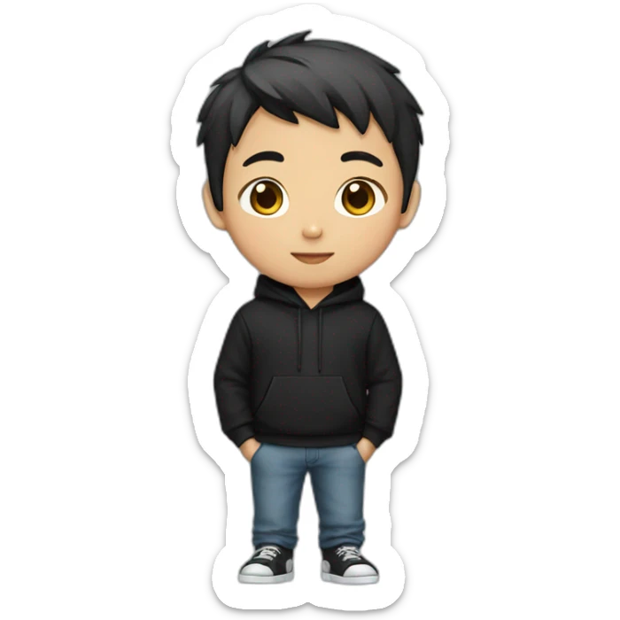 asian boy with short hair wear black hoodie with unique print sticker