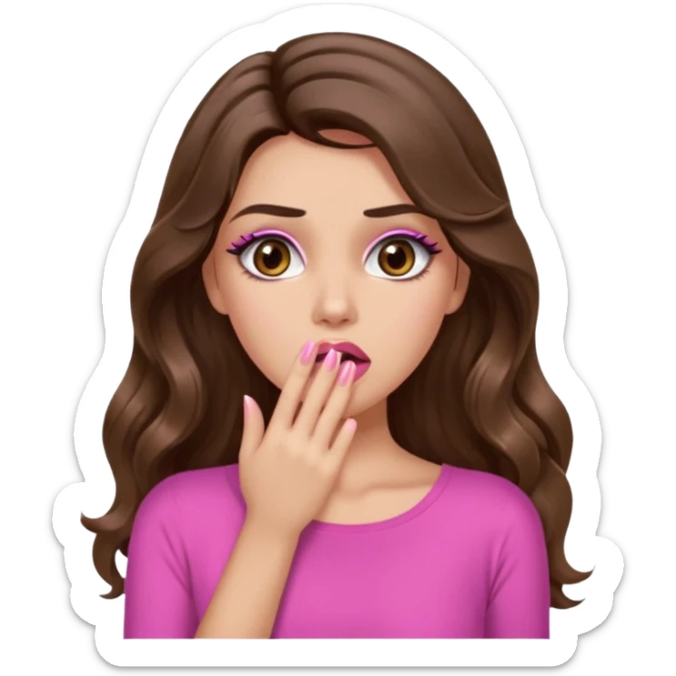 girl with long wavy brown hair, brown eyes, long lashes makeup, sexy pink lips, light to medium complexion, pink sexy top, shocked, hand covering mouth sticker