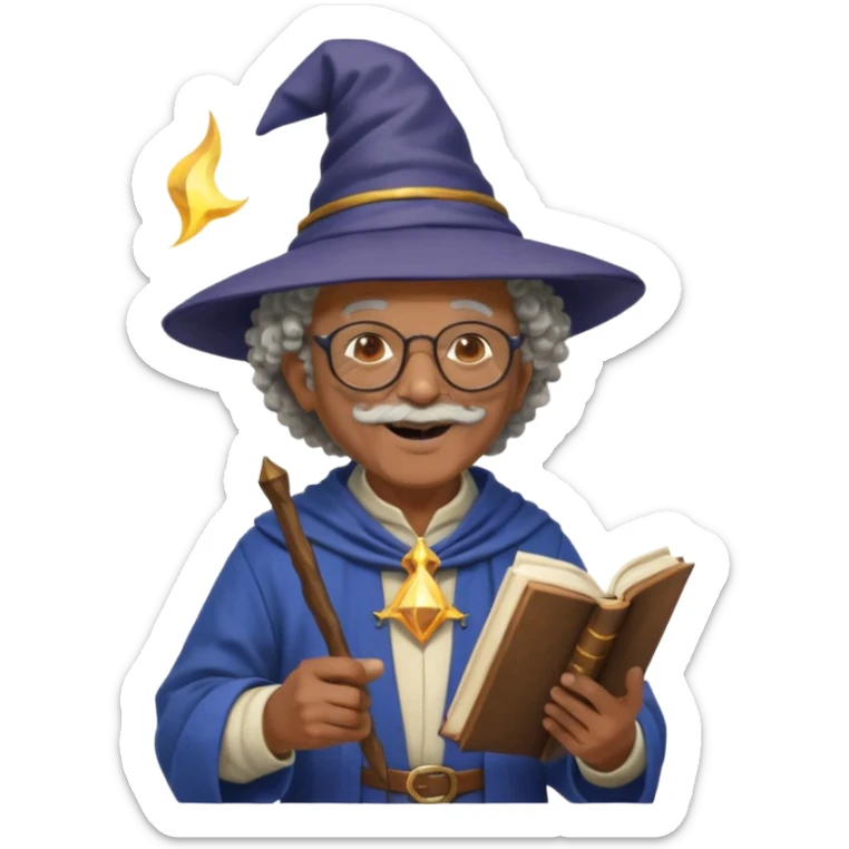 A Joyful Elderly Male with Brown skin and Curly hair, wearing a Traditional outfit, a Wizard hat, Sunglasses, carrying a Spellbook, working as a farmer, while drinking Coffee and reading a Textbook. sticker
