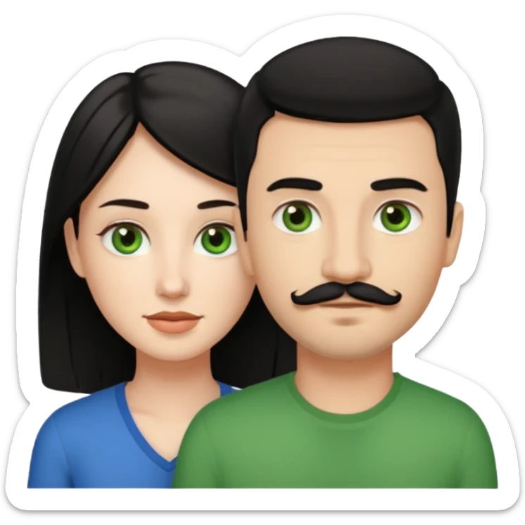 A girl with green eyes and black hair with her boyfriend with light brown eyes and light brown hair and the boyfriend has a goatee and mustache sticker