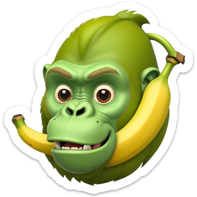 A yellow curved banana with a bright green gorilla head at the top, with gorilla facial features sticker