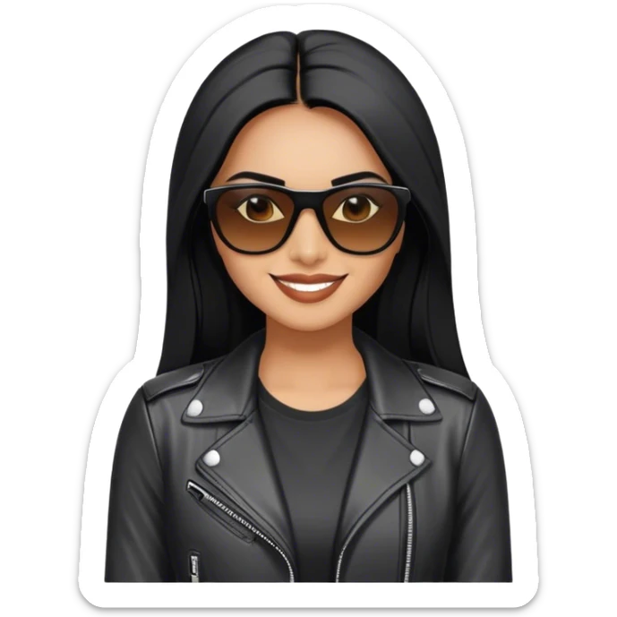 beautiful fit woman, with long straight black hair, with make up, black eye liner, smile mooth close, mexican, brown skin, wearing white tee, wearing leather black jacket, solar black wayfarer on the tip of the nose sticker
