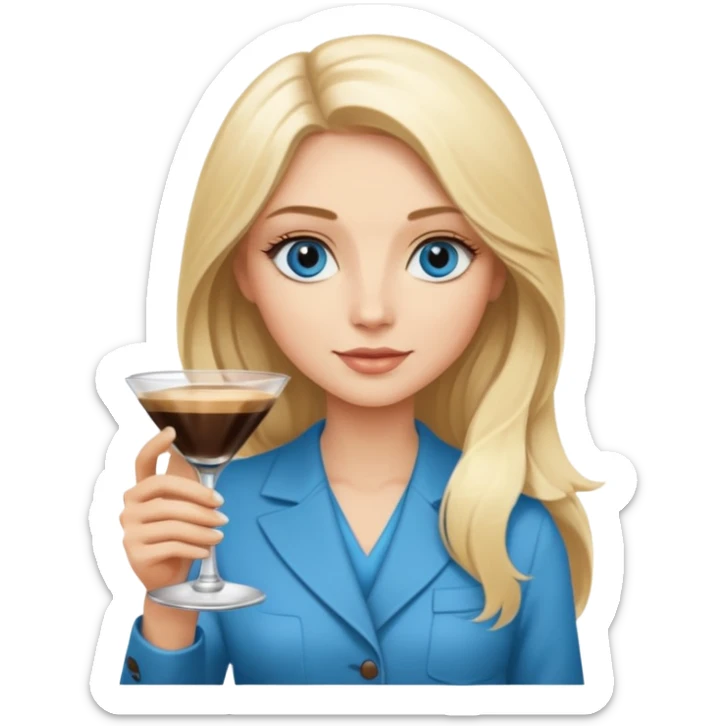 a blond woman with Long blond hair and blue eyes is Holding a Espresso Martini in her hands  sticker
