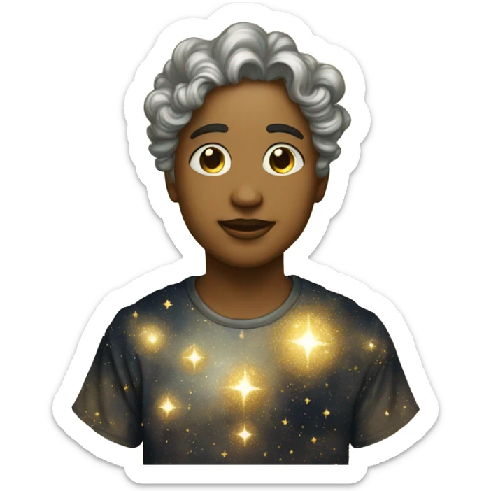 Person wearing t shirt filled with vintage detailed baroque sparkling swirls golden stars galaxies celestial sticker