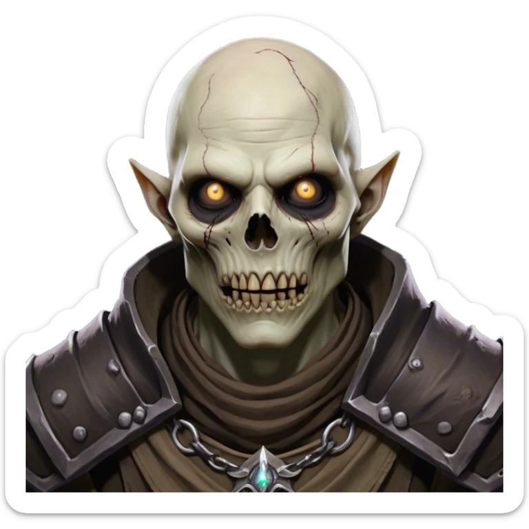 Cinematic Realistic WoW undead civilian Portrait, head tilted epicly and inquisitively, showcasing grim resilience and defiant strength. His withered, pallid skin and intense, glowing eyes contrast starkly with his worn, earth-toned clothes, rendered in meticulous detail. With dynamic, high-contrast lighting and high shine, this portrait exudes an epic aura, capturing the relentless will of a battle-hardened undead civilian. sticker